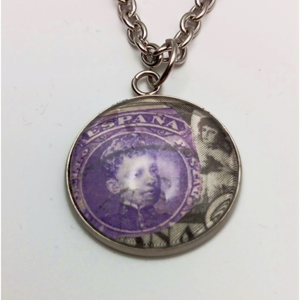 Authentic Vintage Espana Spain Postage Stamp Pendant Necklace